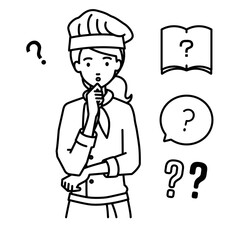 立って手をあごにあてて疑問を感じている調理師の女性 クエスチョンマークのセット