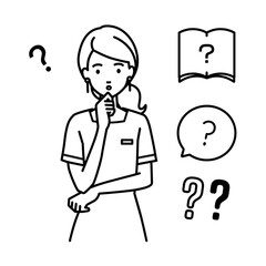 立って手をあごにあてて疑問を感じているエステ店員・受付・接客係の女性 クエスチョンマークのセット