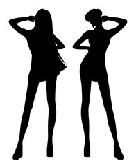 Black silhouettes of long-legged girls. Go-go dancers or models. Shadows of women with high heels. The girls are standing. Young sexy girl isolated vector silhouette. Beautiful slim woman.  - obrazy, fototapety, plakaty