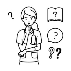 立って手をあごにあてて疑問を感じている看護師の女性 クエスチョンマークのセット