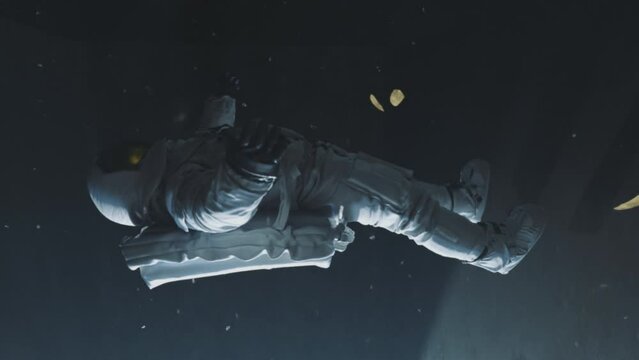 Astronaut falling down a bright path or a tunnel. Sci-fi animation. Spaceship interior. Freefall. Slow motion.