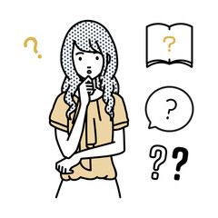 立って手をあごにあてて疑問を感じているオフィスカジュアルの女性 クエスチョンマークのセット