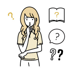 立って手をあごにあてて疑問を感じているポロシャツの女性 クエスチョンマークのセット