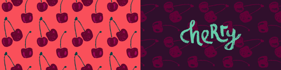 Natural cherry pattern seamless, cherry vector illustrations, hand-drawn berry for vegan banner, juice, jam label design. Ripe berries background for baby food packaging. Cherry banner backdrop.