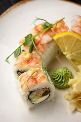 sushi roll with wasabi  on the plate. delicious food, close-up