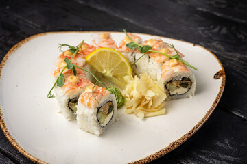 sushi roll with wasabi  on the plate. delicious food, close-up