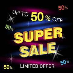 Advertising banner. A sale offer for a store and business with a 50% discount. Vector image, 3d.
