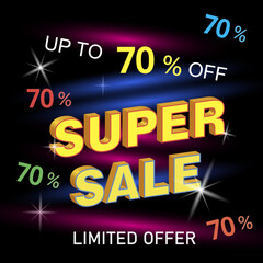 Advertising banner. A sale offer for a store and business with a 70% discount. Vector image, 3d.