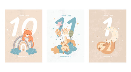 Prints featuring cute sleeping animals, capturing all the special moments by month. Baby number cards for newborns. 10, 11 months and 1 year. Vector