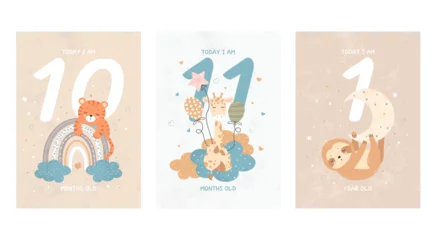 Foto op Plexiglas Prints featuring cute sleeping animals, capturing all the special moments by month. Baby number cards for newborns. 10, 11 months and 1 year. Vector © MIMOSA