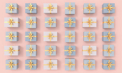 Gifts pattern with golden ribbon on top view background.