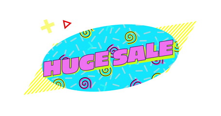 Retro Huge Sale text in ribbon above colourful shapes