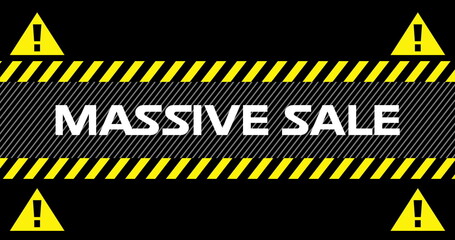 Massive Sale text between industrial ribbons and warning signs 4k