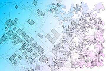 Imaginary cadastral map of territory with buildings, roads and land parcel - land registry concept in jigsaw puzzle shape
