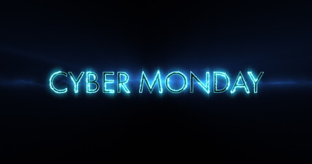 Image of blue neon cyber monday on black background
