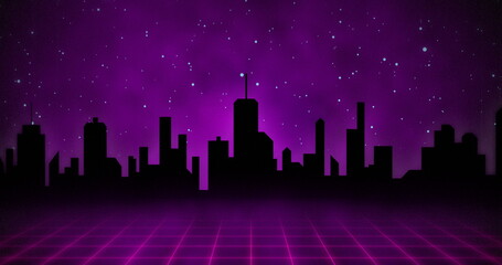 Fototapeta premium Image of digital purple space with city and stars