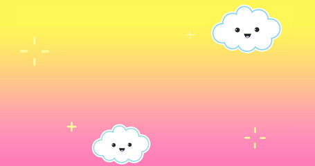 Image of happy clouds on yellow and pink background