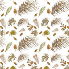 Beach cheerful seamless pattern wallpaper of tropical leaves of palm trees and flowers of paradise (strelitzia) plumeria on a white background