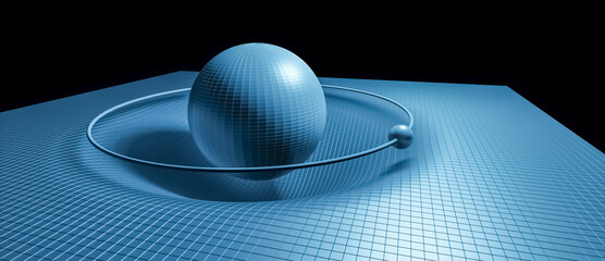 3D visualization of gravity distorsion physical objects in orbit or space, general theory of relativity, law of universal gravitation scientific background