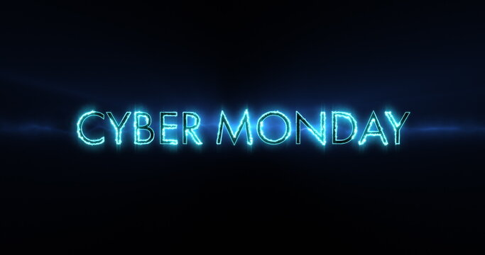 Image of blue neon cyber monday on black background