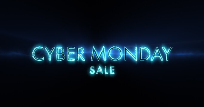 Image of blue neon cyber monday sale on black background