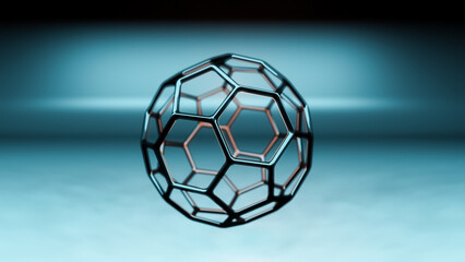 Fototapeta premium Buckminsterfullerene C60 Molecule model, allotrope of fullerene carbon atoms, round sphere with hexagonal rings or mesh, molecular 3D illustration