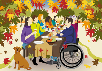 Un diner entre ami en automne dans un jardin