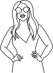 Line art confident woman akimbo vector illustration.