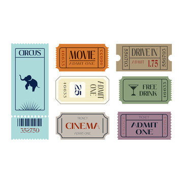 Cinema paper tickets set. Entry cards for movie premiere, film festival, theatre, show, concert, performance, or entertainments concept. Colored flat vector illustration isolated on white background