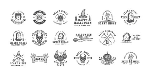 Vintage retro halloween logos, emblems, badges, labels, marks, patches. Engraving style.