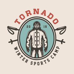 Vintage retro winter sport ski snowboard or adventure emblem, logo, badge, label. mark, poster or print. Monochrome Graphic Art. Engraving woodcut style.