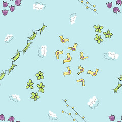 Spring seamless pattern with flowers, grass, birds and clouds. Hand drawn vector illustration doodle style for banner, card, invitation, textile, wallpaper, wrapping, print.