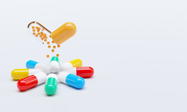 Capsules with granules background with copy space, can be used as medical mockup, template. 3D Rendering