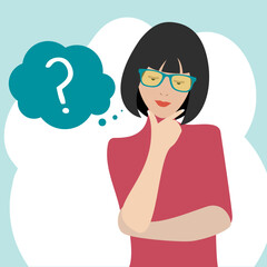 Woman thinking about something. Cartoon character, choice, dilemma, search of life balance.