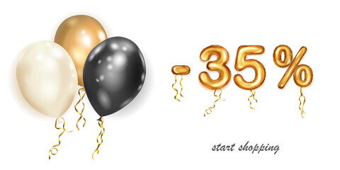 Discount creative illustration with white, black and gold helium flying balloons and golden foil numbers. 35 percent off. Sale poster with special offer on white background