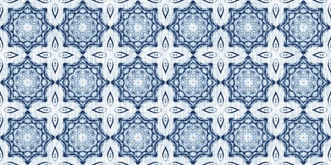 Indigo dye wash coastal damask seamless border pattern. Washed out geometric dip dyed blur effect edging. Nautical and marine ocean blue masculine endless tape background with linen texture trim.