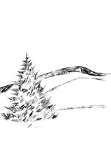 On a white background, a black outline of a mountain and a Christmas tree