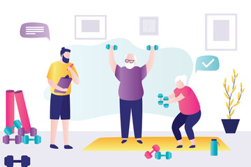 Personal trainer created training program for elderly couple. Grandparents doing squats with dumbbells