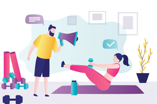 Personal trainer counts repetitions of exercises for press. Cute girl with dumbbells doing abs workout