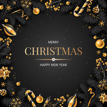 Square Banner With Gold Christmas Symbols And Text. Christmas Tree, Gifts, Golden Tinsel Confetti And Snowflakes On Black Background. 