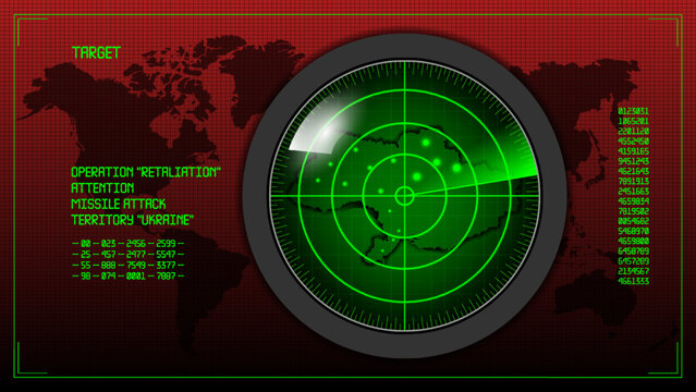 Vector Poster With A Green Glowing Round Screen Of A Military Radar Against A Dark Red World Map With Inscriptions, Target, Missile Attack, Territory Ukraine