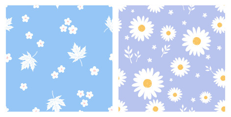 Seamless pattern with daisy flower, maple leaves and branches on blue and purple backgrounds vector illustration.
