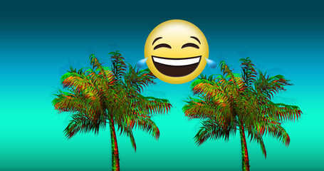 Image of happy emoticon over 3d palm trees on blue and green background