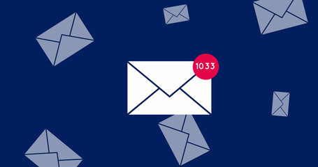 Image of emails with number 1033 scattered over navy background