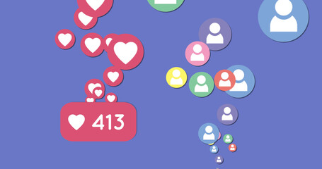 Image of 413 likes, hearts and user icons on violet background