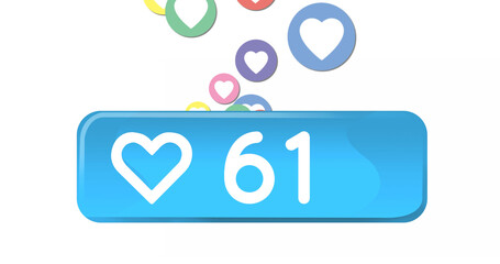 Image of 61 likes over hearts on white background