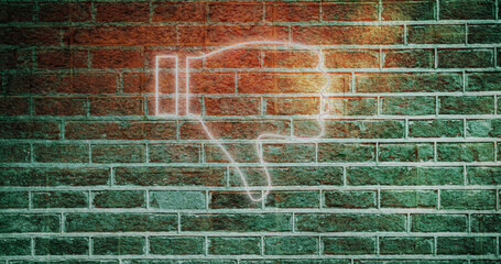 Composite of illuminated dislike button icon against brick wall, copy space