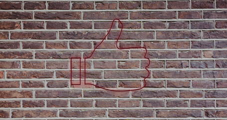 Composite of illuminated like button icon against brick wall, copy space