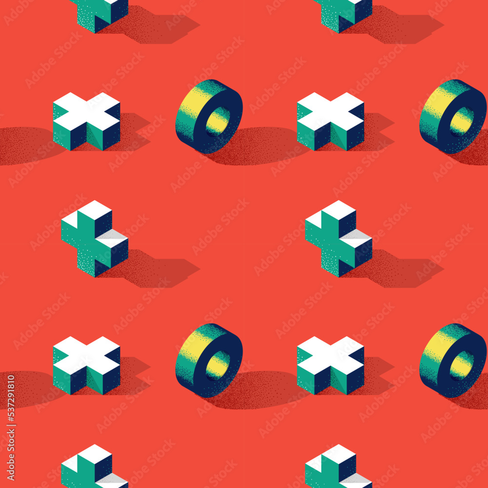 Poster Seamless pattern with cross or plus shape and ring on background in modern dotted texture style. Fabric, wrapper or wallpaper print in stylized retro flat trend.