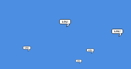 Illustration of lol text in speech bubbles against blue background, copy space